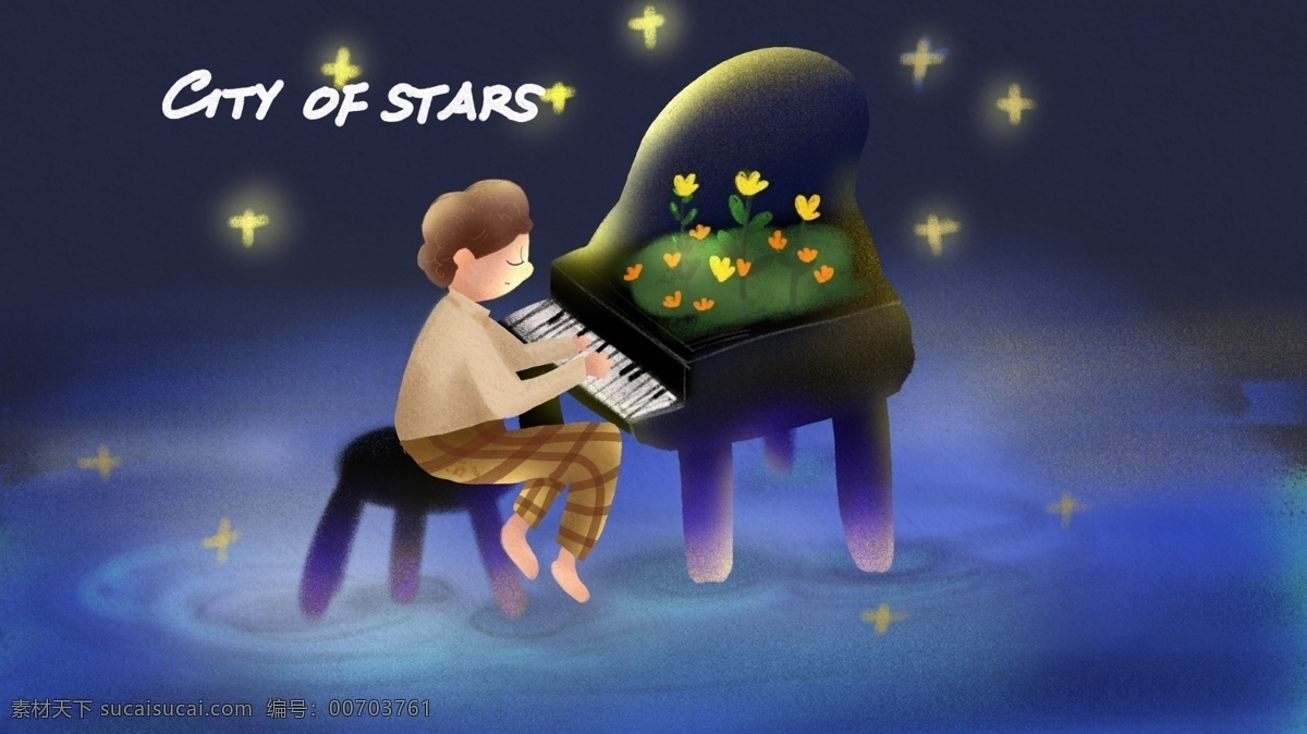 午夜 城 星空 男孩 弹 钢琴 商业 插画 花卉 浪漫 温馨 午夜之城 弹钢琴 安静