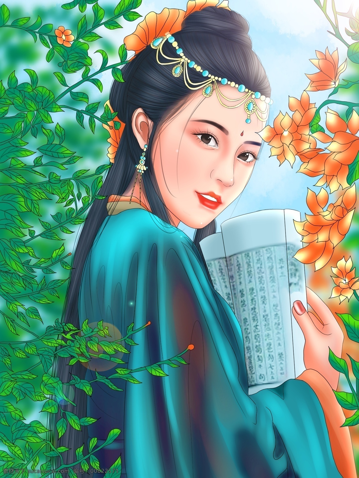 原創(chuàng) 手繪 插畫(huà) 國(guó) 潮 古裝 美女 花園 里手 古書(shū) 原創(chuàng)手繪插畫(huà) 國(guó)潮 花 葉子 書(shū)