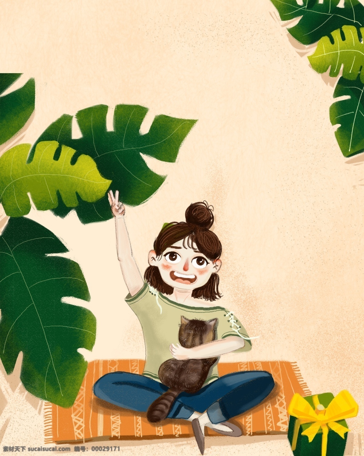 夏天 女孩 宠物 居家生活 原创 手绘 清新 插画 海报 猫 绿色 植物 居家 欢乐 撸猫 毯子 可爱的女生 笑