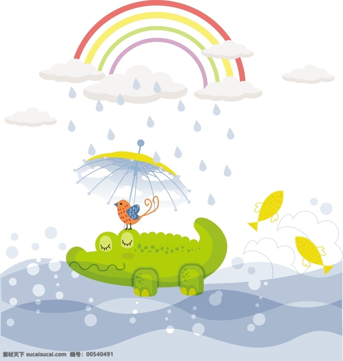 童趣 绿色 鳄鱼 插画 卡通鳄鱼 河流里的鳄鱼 雨滴卡通 彩虹 童趣鳄鱼插画 卡通设计
