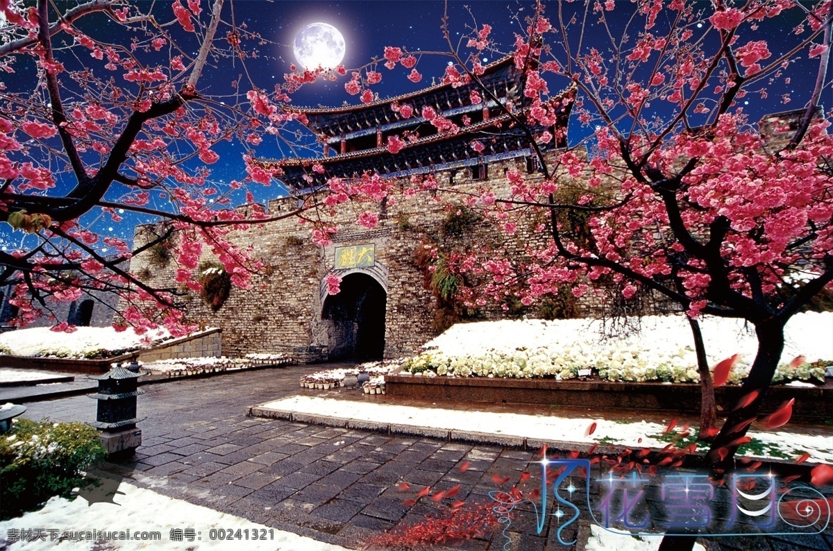 風花雪月 映 大理 大理古城 古都 大理好風光 魅力無限 大理南門 櫻花 月光 古城 白雪 雪花 花瓣 櫻花圖 大理圖 月光圖 古城圖 城市宣傳 風景名勝 魅力城市 中國 佳 魅力 城市 宣傳設計 分層 源文件
