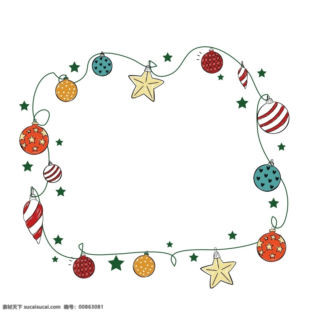 圣诞节 彩球 边框 插画 圣诞节边框 彩球边框插画 圣诞彩球 圣诞球 手绘卡通边框 黄色的五角星 绿色 小星星