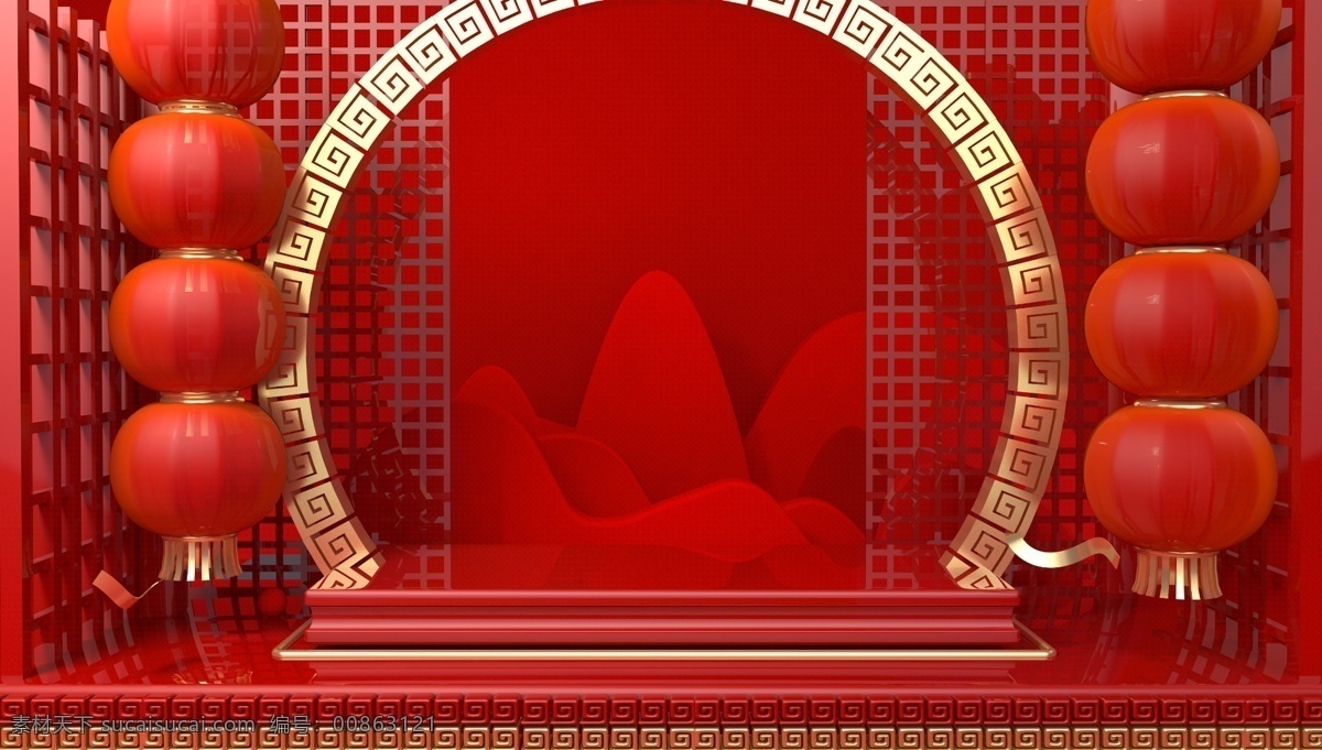中国 风 吉祥 背景 展台 c4d 年货 节 中国风 吉祥背景 年货节 红色 喜庆 电商年货