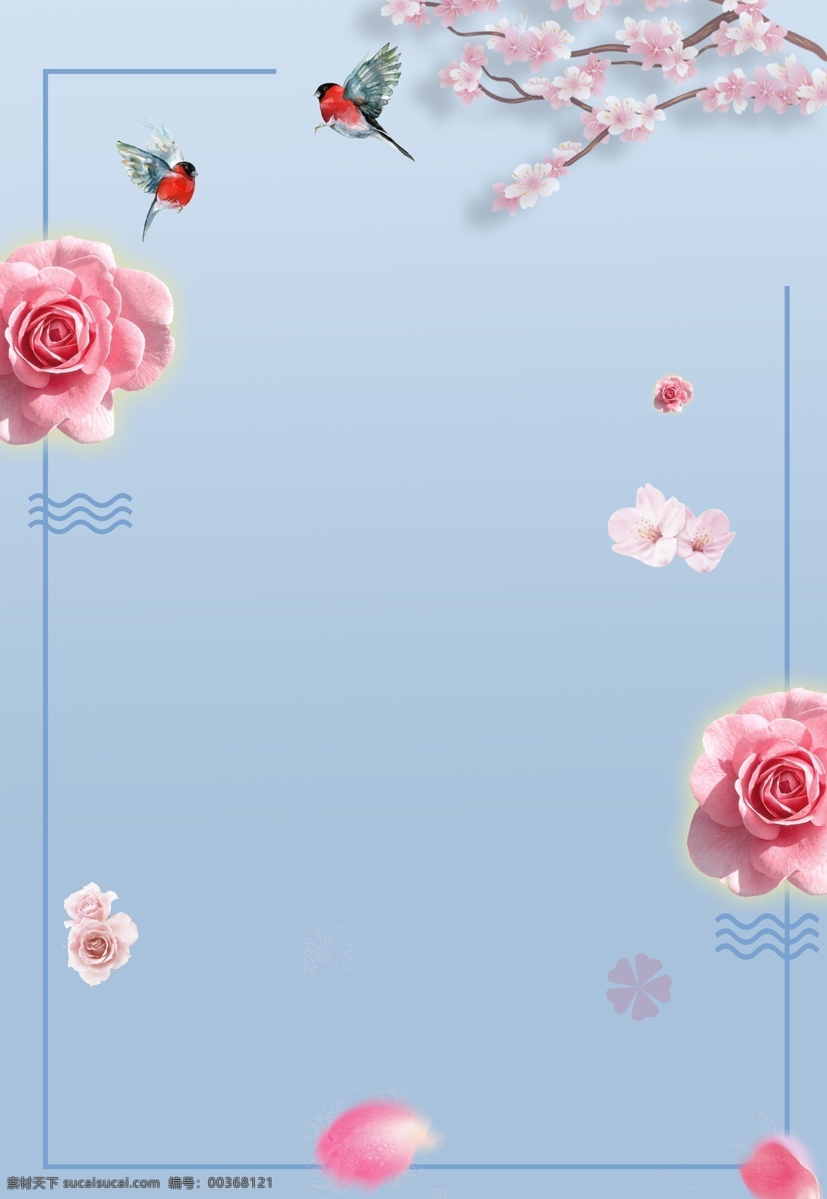 简约 春季 新品 宣传海报 小清新 电商 春季上新 花卉边框 小清新变化 春天 蓝色 服装促销 开心