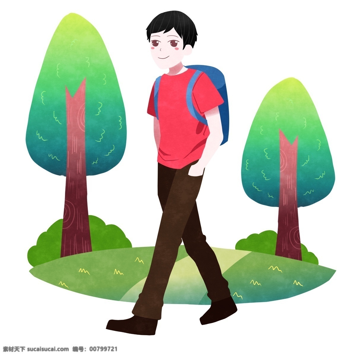 踏青 背书 包 小 男孩 春游踏青插画 背书包的男孩 蓝色的书包 绿色的树木 植物装饰 卡通人物