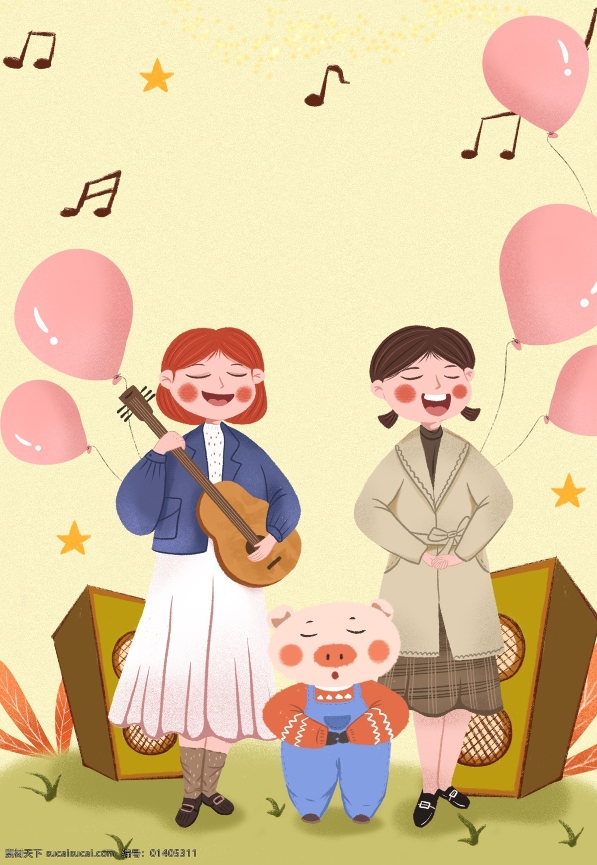 321 世界 儿歌 日 可爱 卡通 温馨 广告 背景 世界儿歌日 唱歌 小猪 小女孩