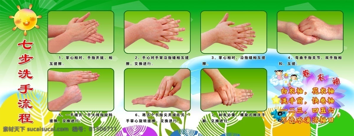 七步洗手流程 版面 幼兒園 學(xué)校 衛(wèi)生 展板模板 廣告設(shè)計(jì)模板 源文件