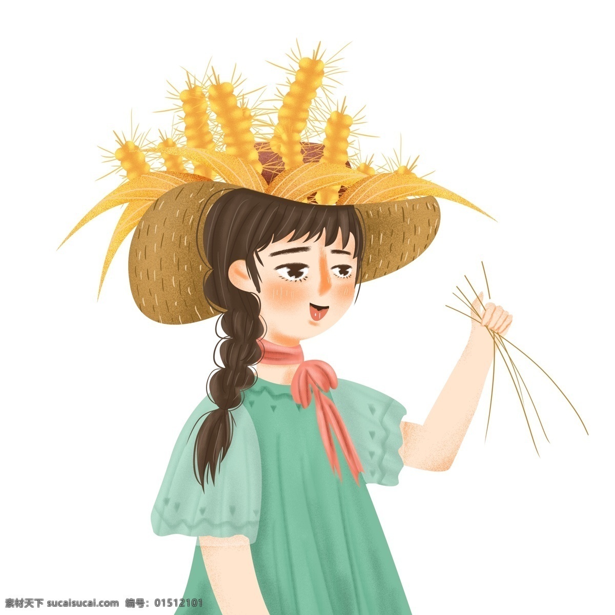 卡通 小 清新 帶 草帽 女孩子 手繪 插畫 芒種 麥穗 女孩 女生 人物