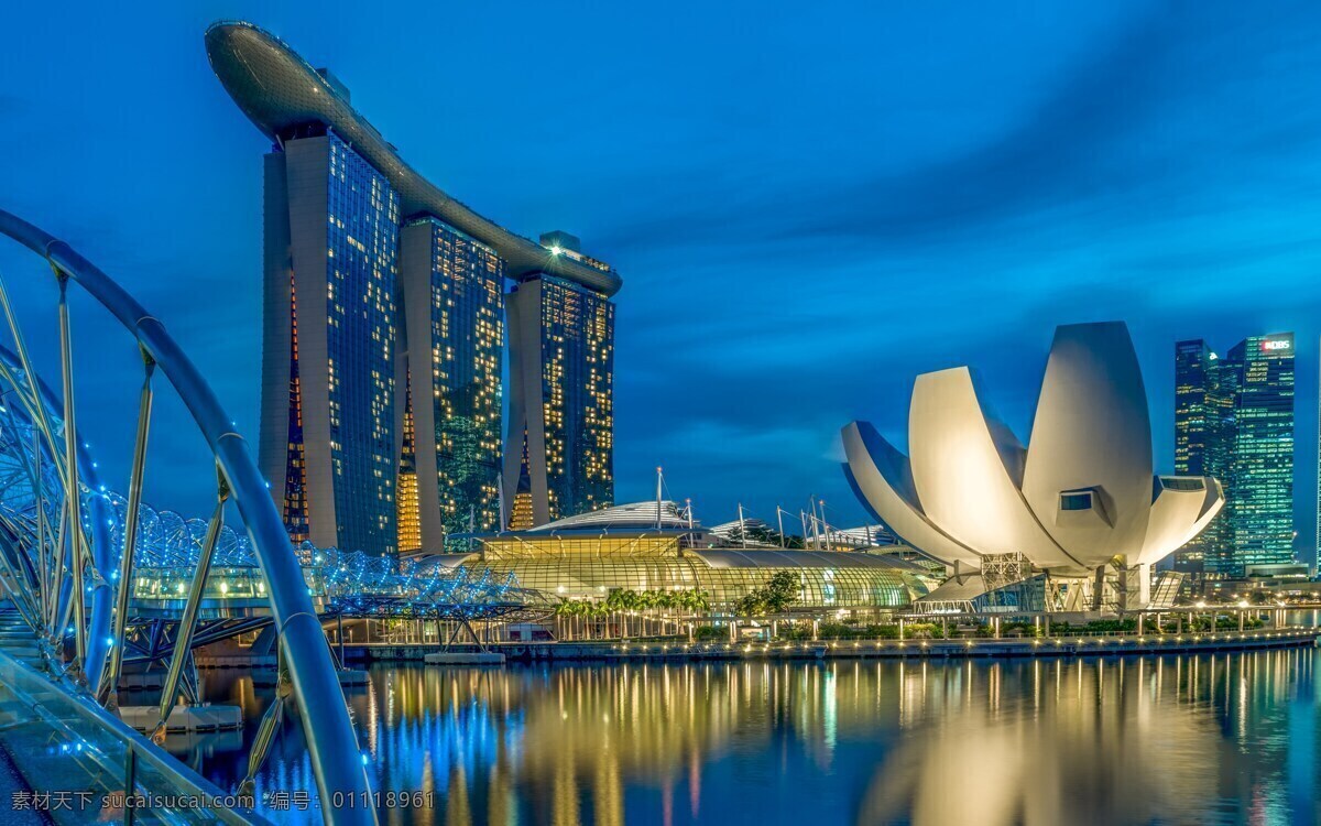 新加坡图片 新加坡 新加坡市 摩天大楼 灯 旅馆 桥梁 河 旅游摄影 国外旅游