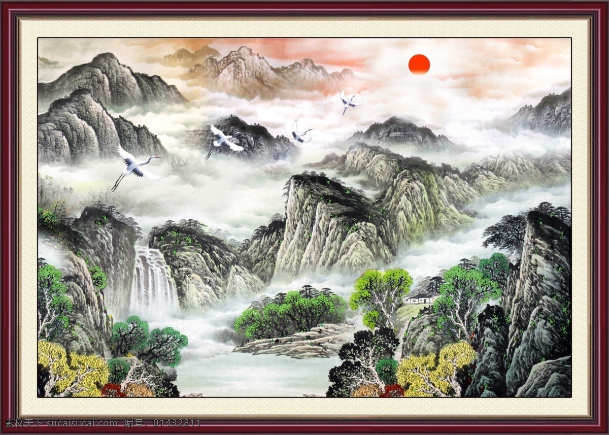 旭日東升 水墨畫 高山流水 中國風 邊框 仙鶴 日落 云霧 自然景觀 自然風光