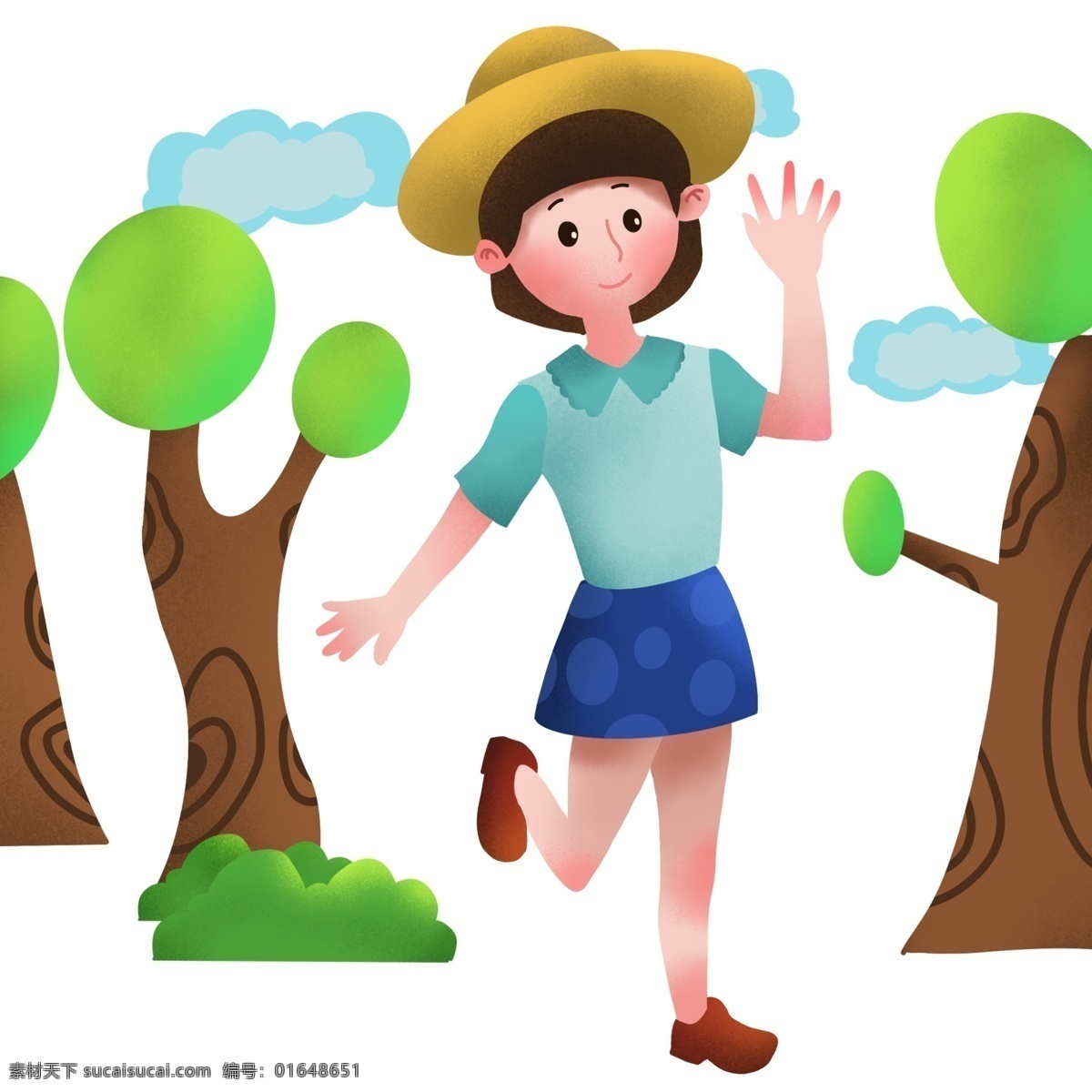 春游 戴 草帽 女孩 插画 春游人物插画 戴草帽女孩 黄色的草帽 绿色的树木 植物装饰 卡通的人物