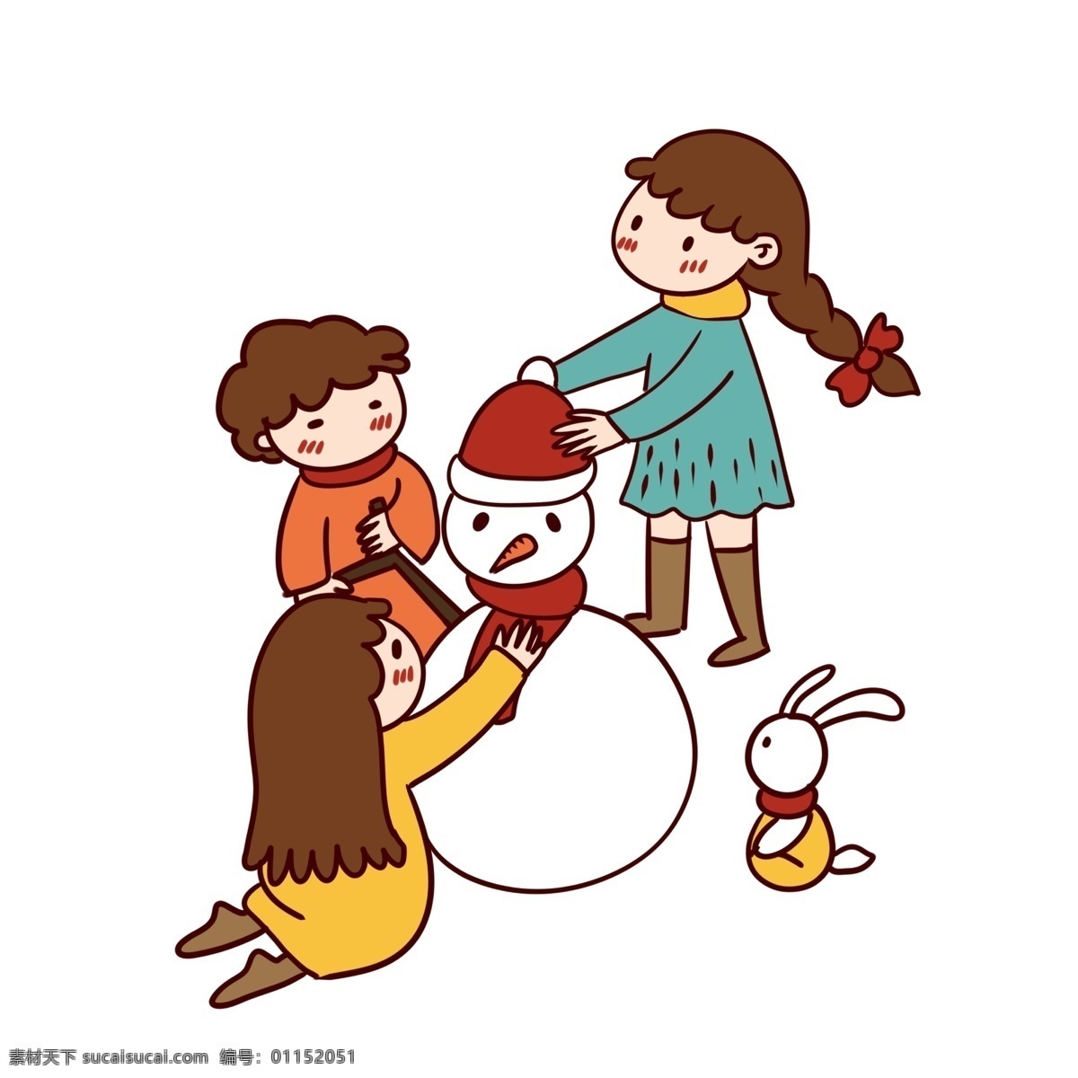 手繪 矢量 卡通 可愛 小雪 節(jié)氣 小孩子 堆 雪人 免摳 堆雪人 松樹 下雪 冬季 圍脖 帽子 小雪節(jié)氣 麻花辮 連衣裙 小白兔
