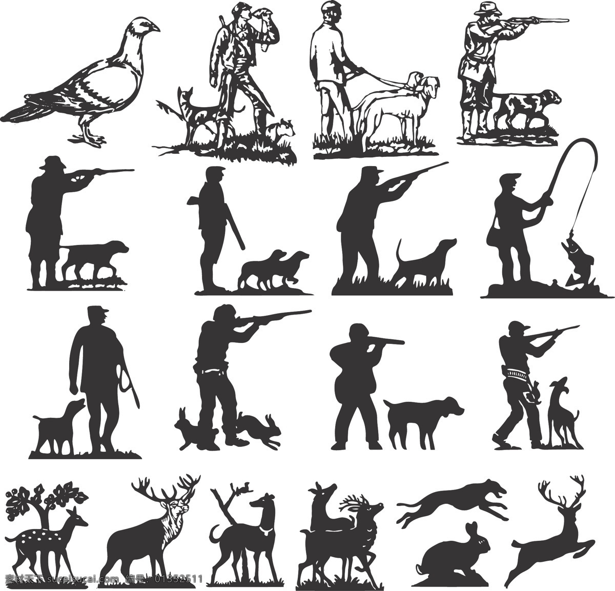 獵人剪影 人物剪影 剪影 獵人 獵狗 獵物 兔子 鹿 獵槍 狙擊槍 槍 矢量人物 矢量 人物矢量素材 婦女女性