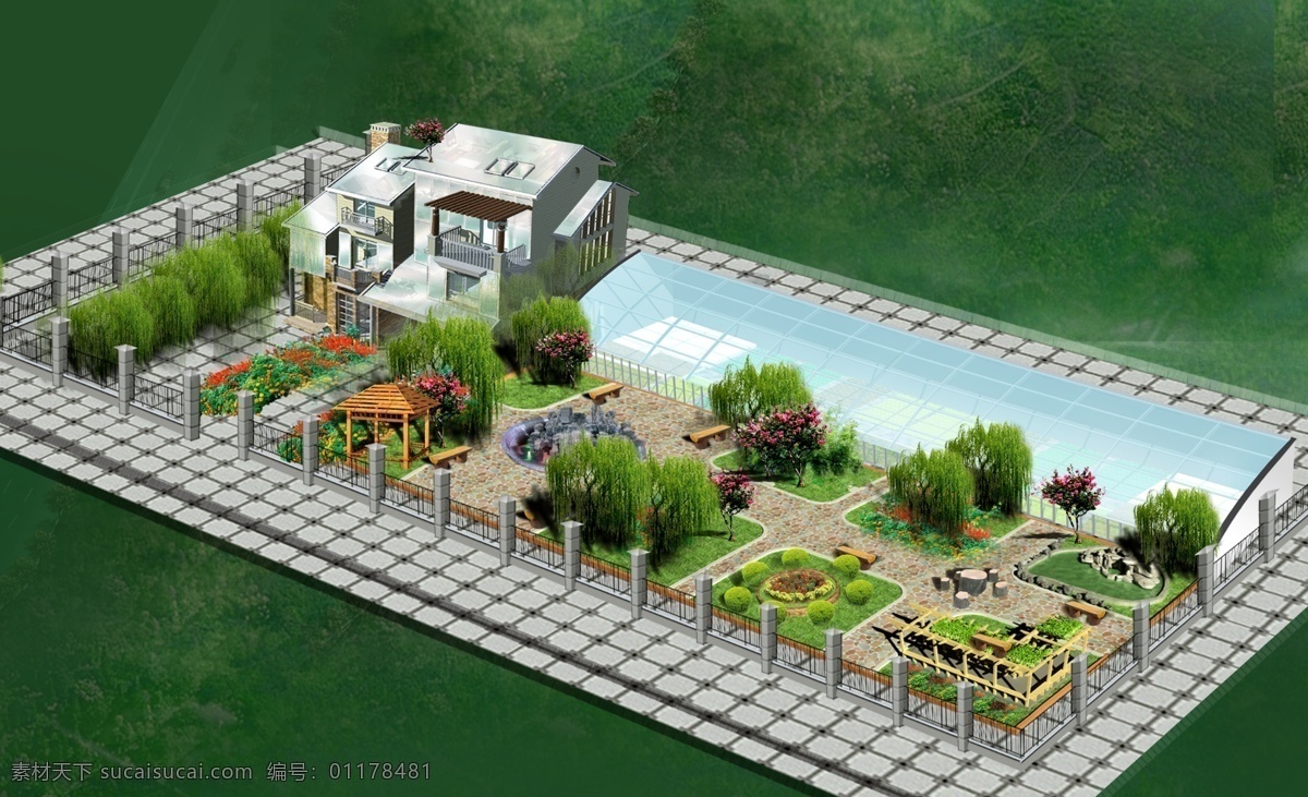 別墅 建筑 園林 效果圖 大棚 陽(yáng)光房 綠樹(shù) 花雜 亭子 水池