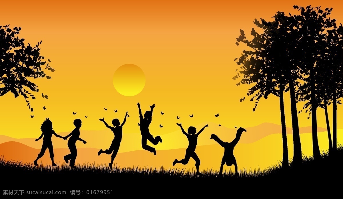 夕陽(yáng) 下 小孩 剪影 小孩剪影 人物剪影 快樂(lè)童年 夕陽(yáng)剪影 跳躍小孩 蝴蝶剪影