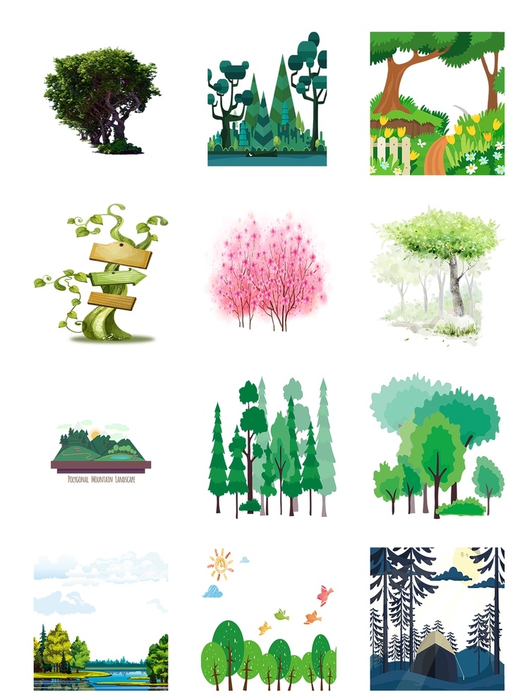 彩色 手绘 植物 森林 元素 彩色手绘 植物森林 手缓 矢量图