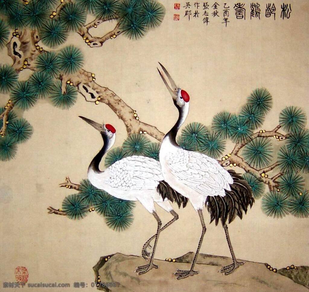 樹齡 鶴壽 白鶴 工筆 繪畫書法 文化藝術 原創(chuàng) 設計素材 模板下載 樹齡鶴壽 青松 斗方