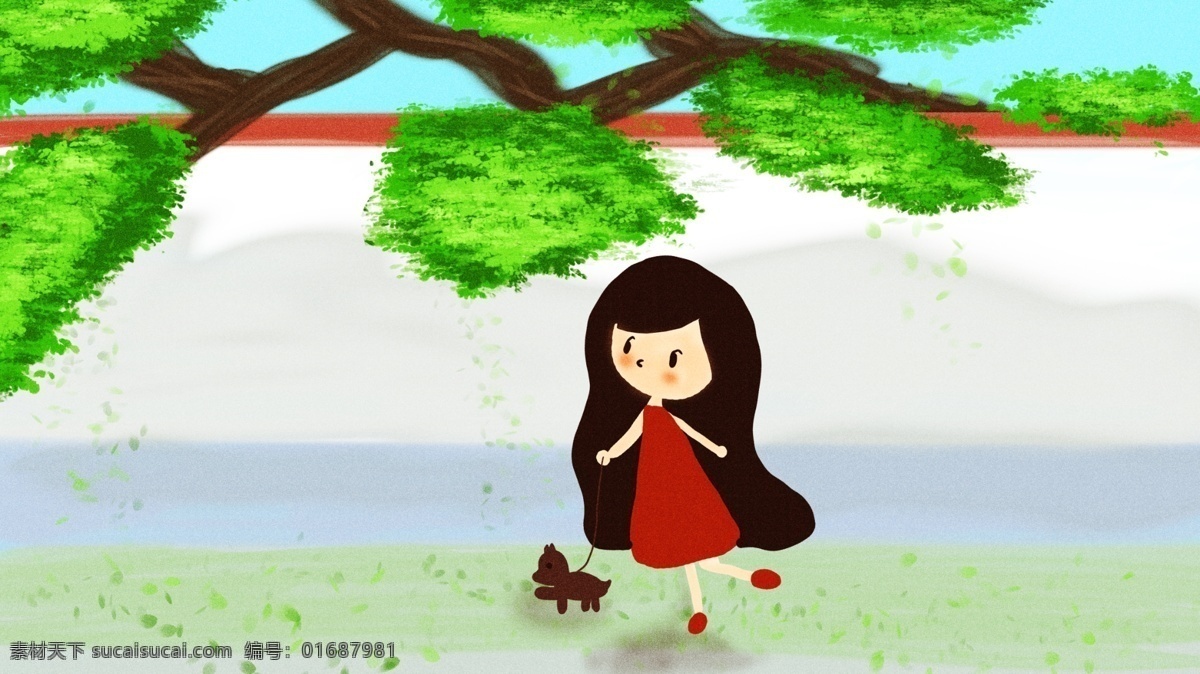 你好 早安 早上 遛 狗 散步 原創(chuàng) 卡通 插畫 卡通插畫 樹 墻壁 院墻 遛狗狗 原創(chuàng)卡通插畫 樹下的陰影
