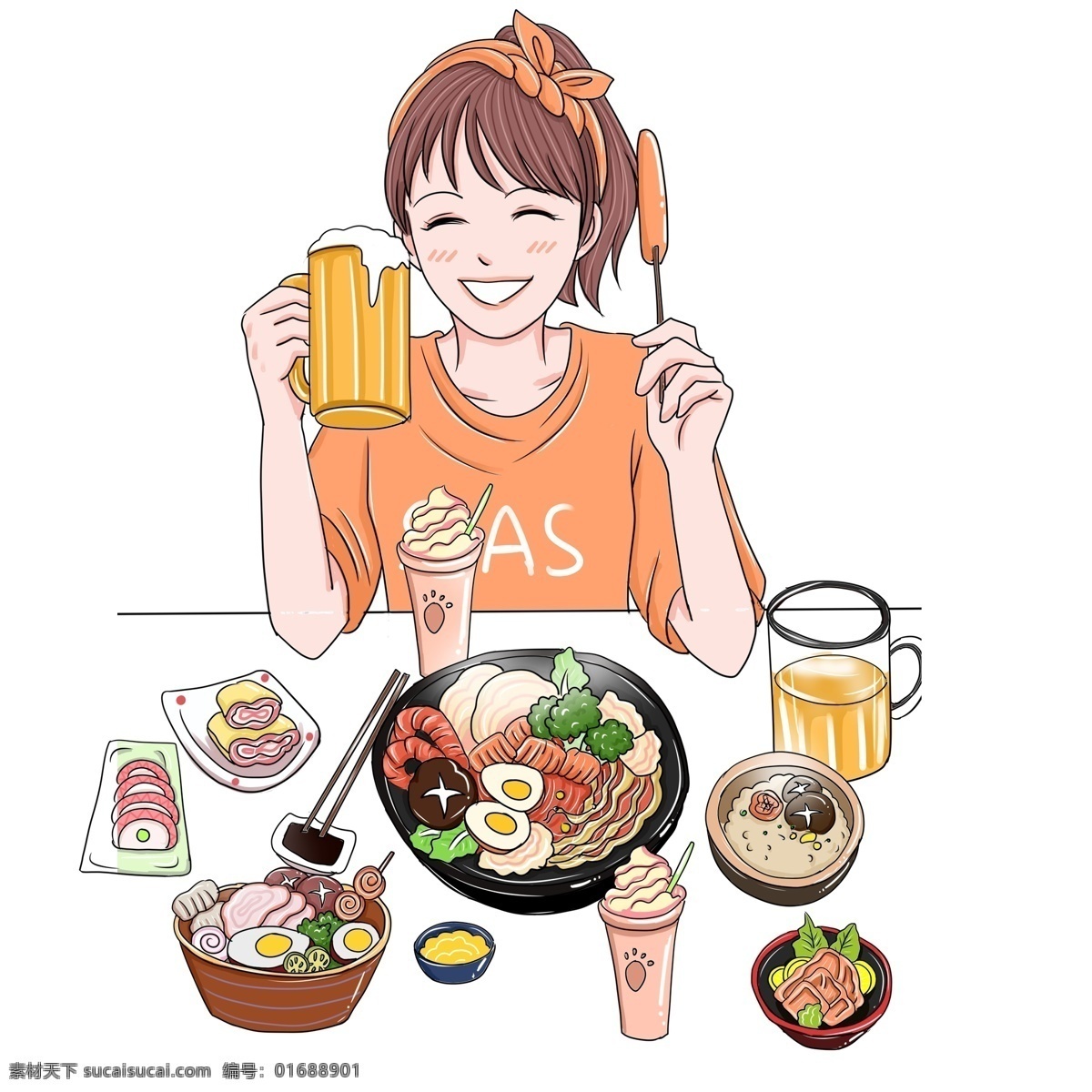 韓國 風 享受 美食 大餐 女孩 插畫 人物 少女 女生 啤酒 烤串 韓國風 手繪 漫畫風 美食大作戰(zhàn)