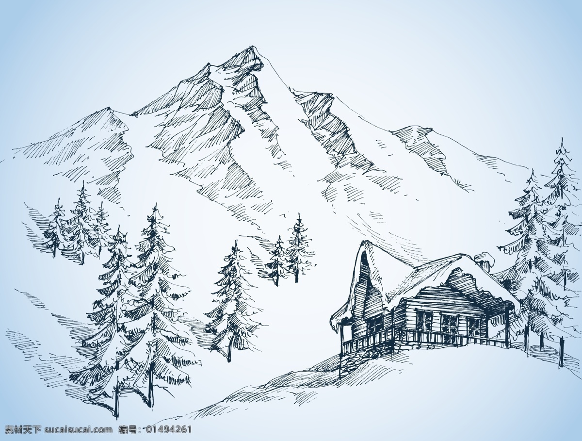 手绘雪山风景 自然 手绘 插画 风景 雪山