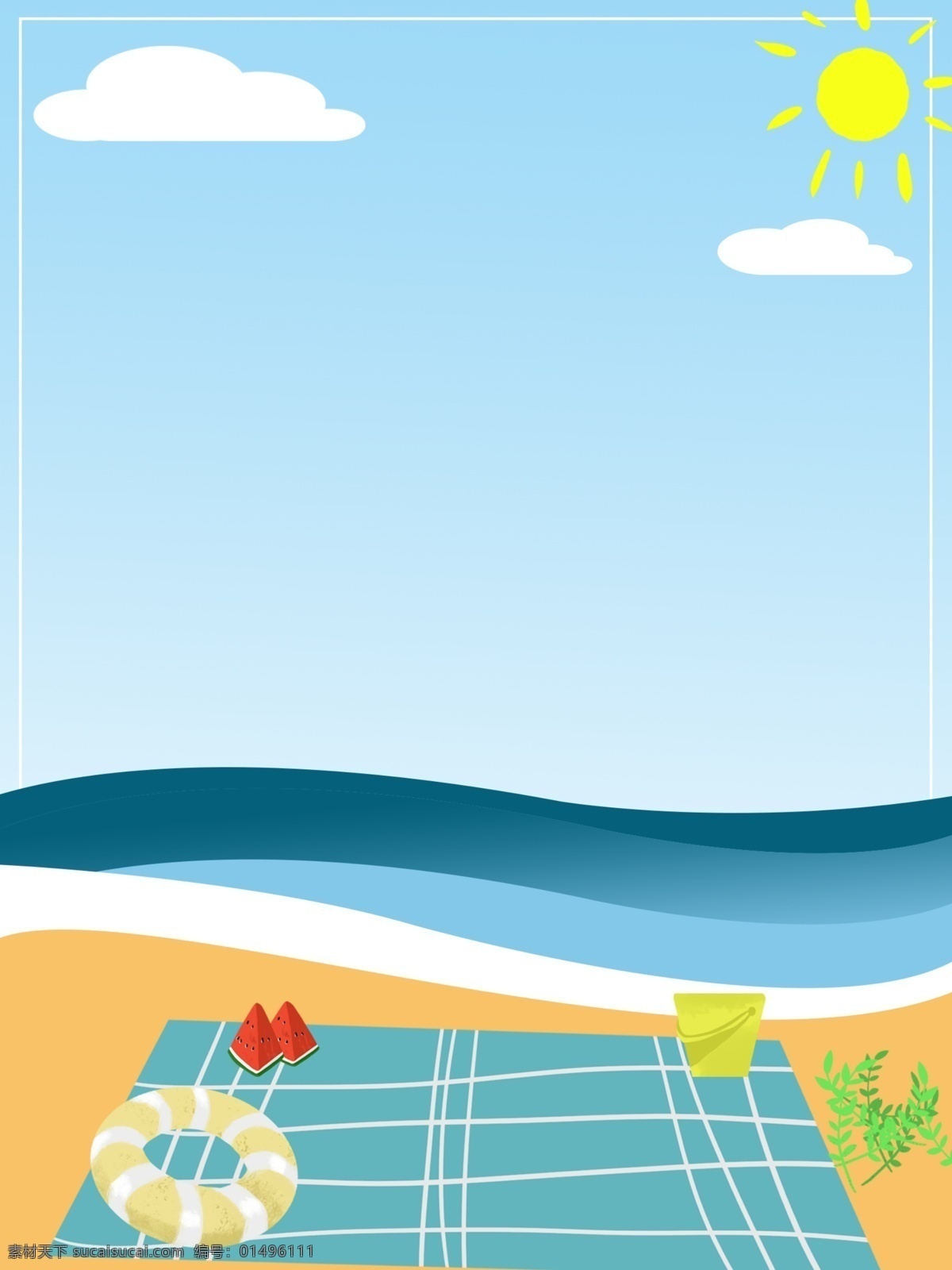 清新 海滩 度假 广告 背景 广告背景 云朵 太阳 桌布 游泳圈 西瓜 树叶