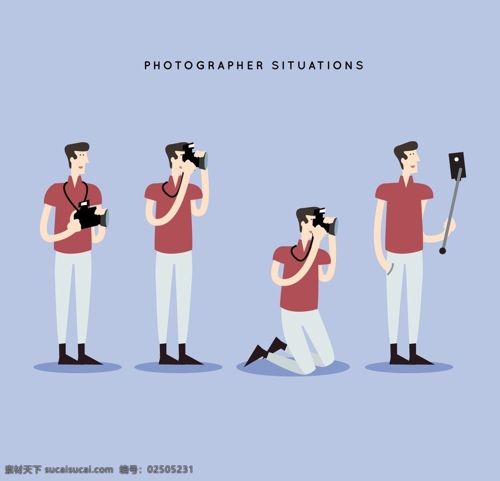 手绘 摄影师 插图 人们 照相机 照片 平面 男孩 数码 插画 旅游 摄像头 运动 三脚架 相机