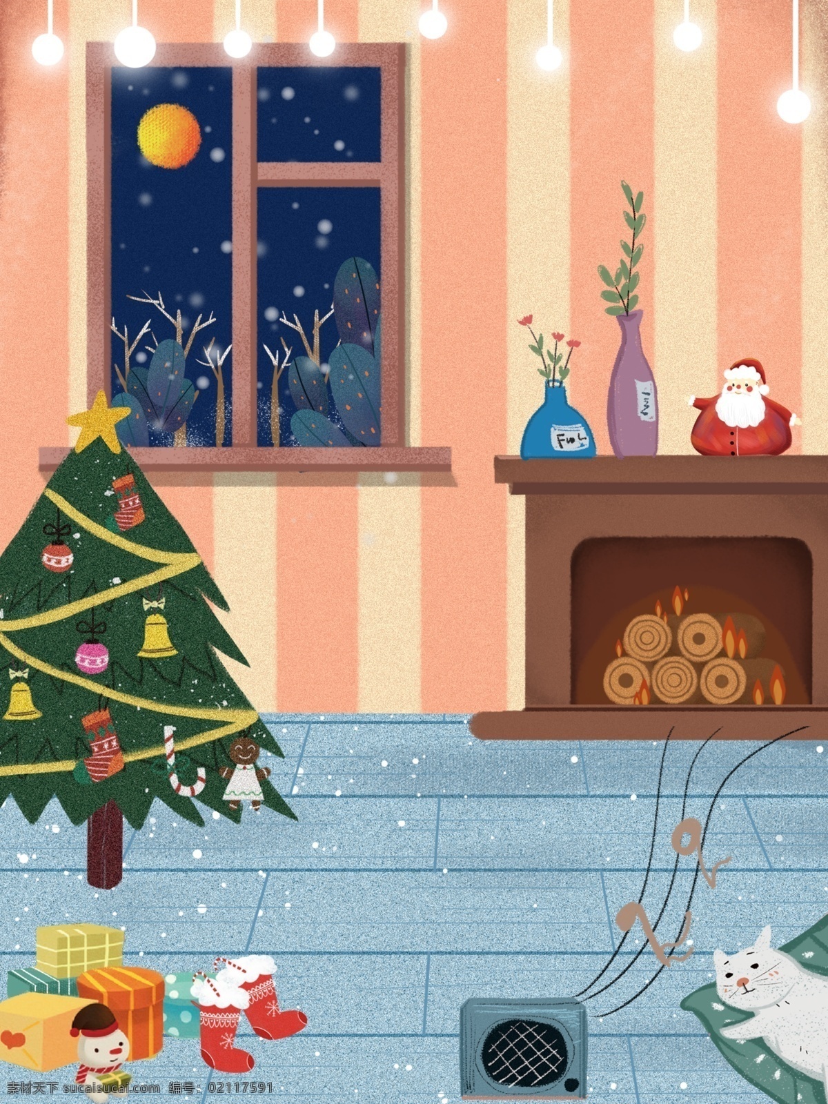 卡通 冬天 圣诞节 室内 插画 背景 广告背景 背景素材 彩色背景 圣诞老人 背景展板 圣诞礼物