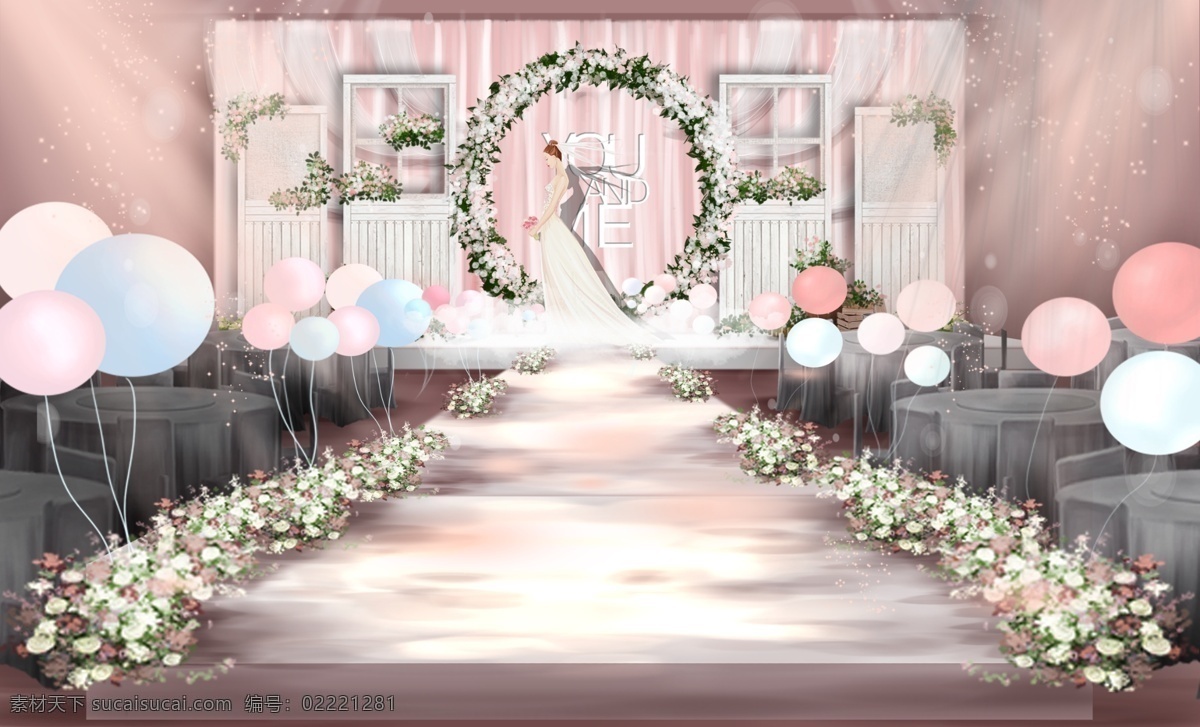 粉白色 浪漫 梦幻 主题 婚礼 效果图 粉白色婚礼 婚礼效果图 气球 马卡龙色 婚礼主仪式区