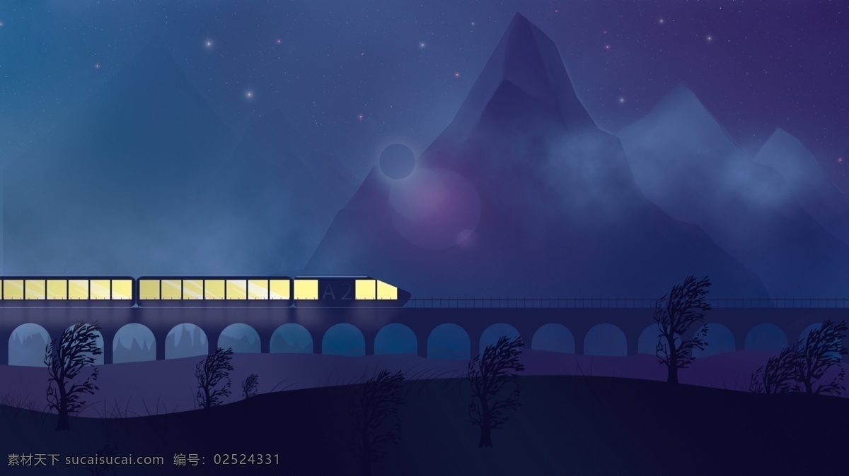 蓝色 手绘 火车 桥 背景 矢量 壁纸 淘宝