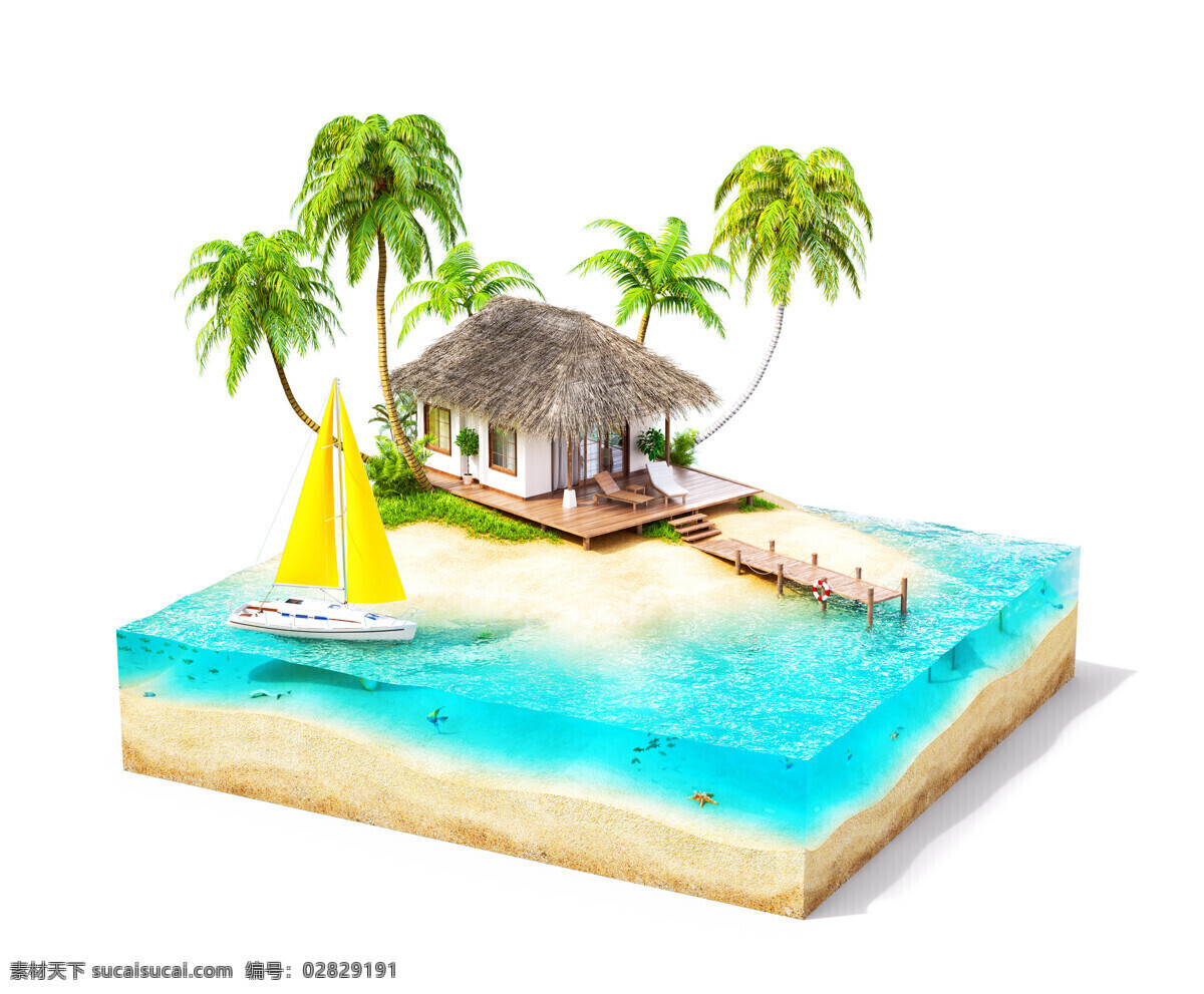 精美 立体 小岛 景色 高清 3d立体 帆船 椰子树 岛屿 创意广告 风景 夏季主题 茅草屋 度假 大海 海水 海浪 蓝天 白云 鸟 树 浪花 白色
