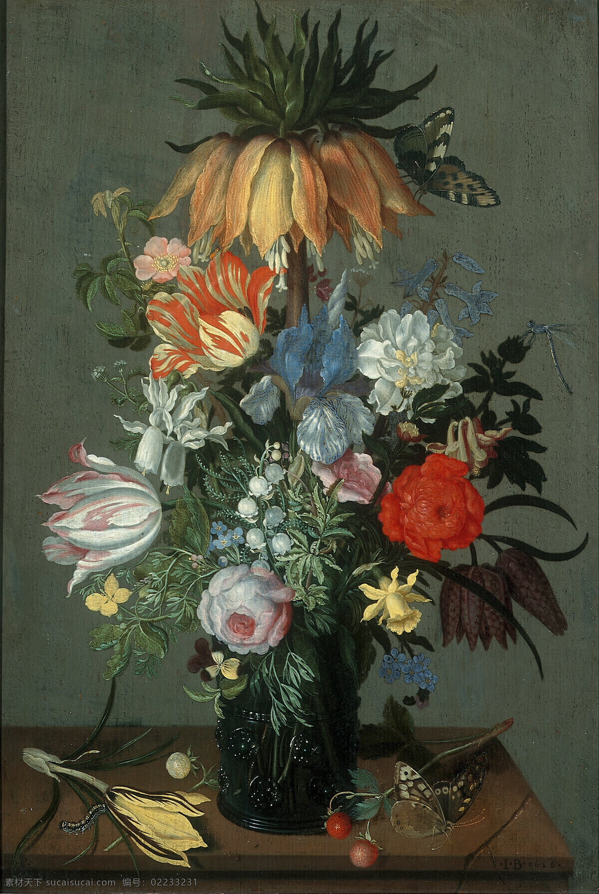 永恒之美 静物鲜花 混搭鲜花 黑色花瓶 蜻蜓 蝴蝶 红苺 19世纪油画 油画 绘画书法 文化艺术