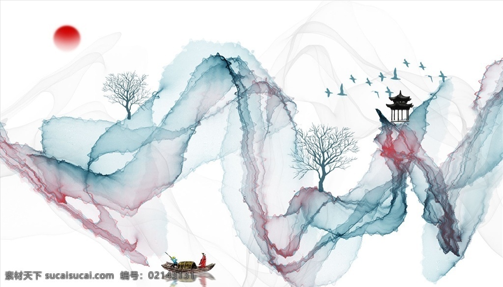 水墨畫 小船 飄帶 背景墻圖片 太陽(yáng) 背景墻 電視背景墻 現(xiàn)代背景墻 簡(jiǎn)約背景墻 分層