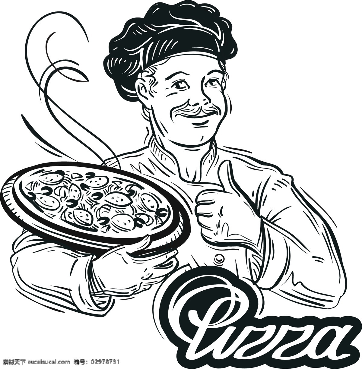 线性 厨师 绘画 竖大拇指 黑白人物物图 披萨 快餐 矢量 高清图片