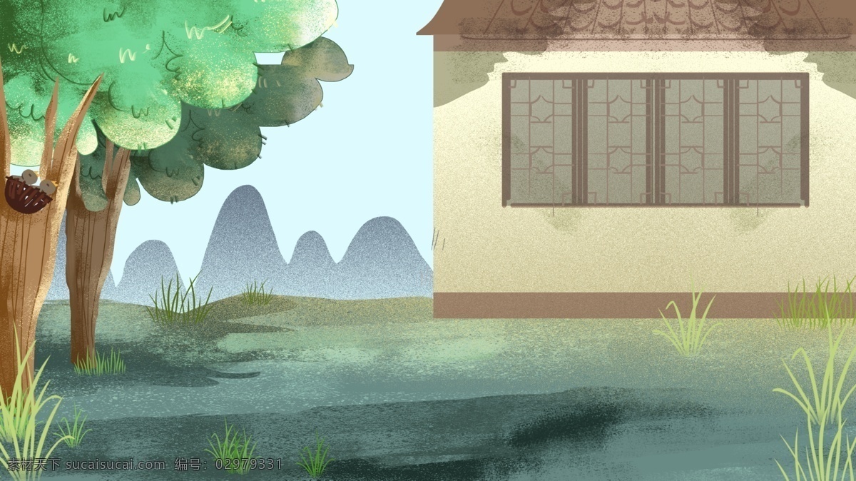 古代 村庄 后院 背景 中国风 大树 房子 背景素材 卡通背景 古风 插画背景 广告背景 psd背景 手绘背景