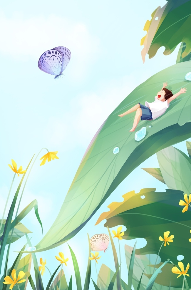 夏季 人物 清新 樹葉 插畫 卡通 類 背景 分層