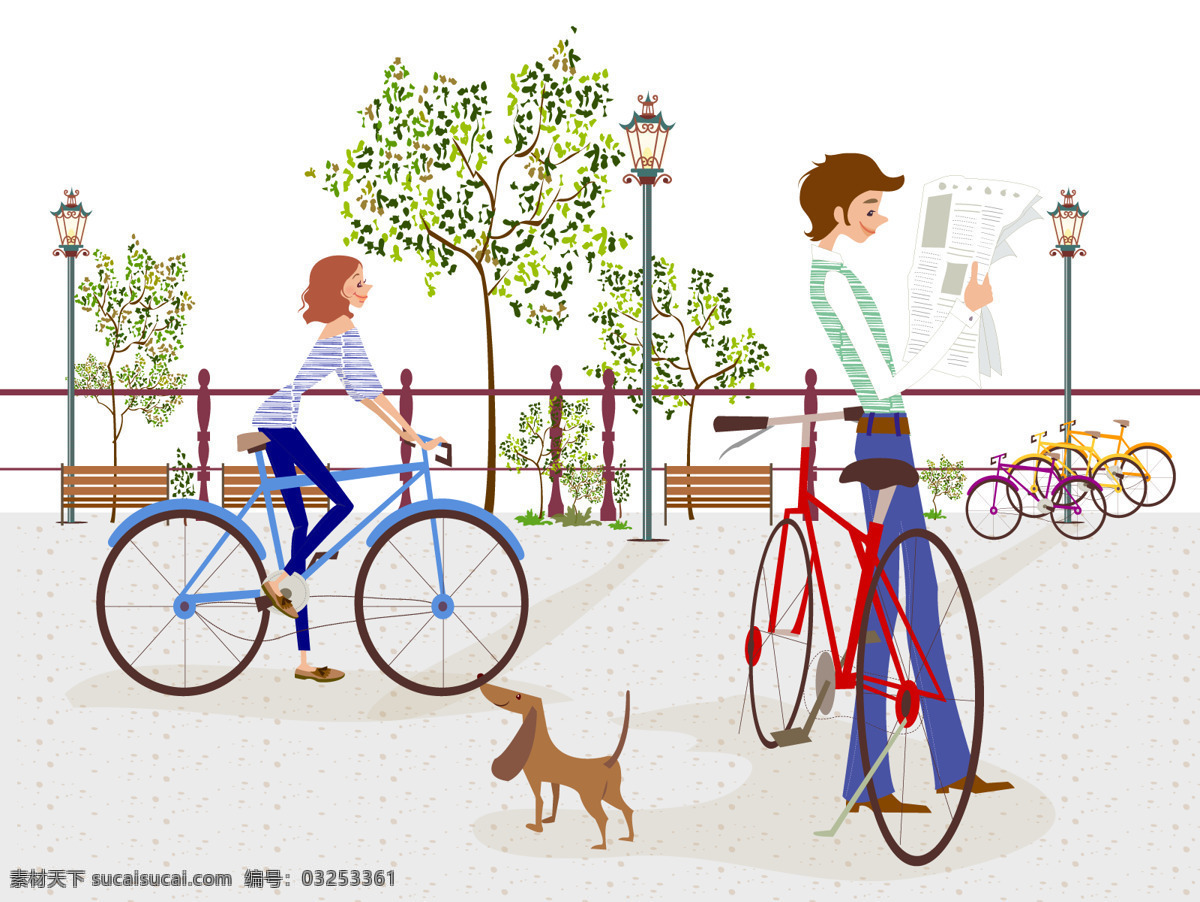 自行车女郎 背景 插画 少女 红色