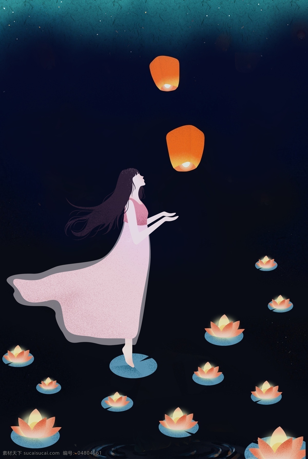 中元節(jié) 主題 背景 圖 河燈 孔明燈 少女 許愿 插畫 卡通 暫無