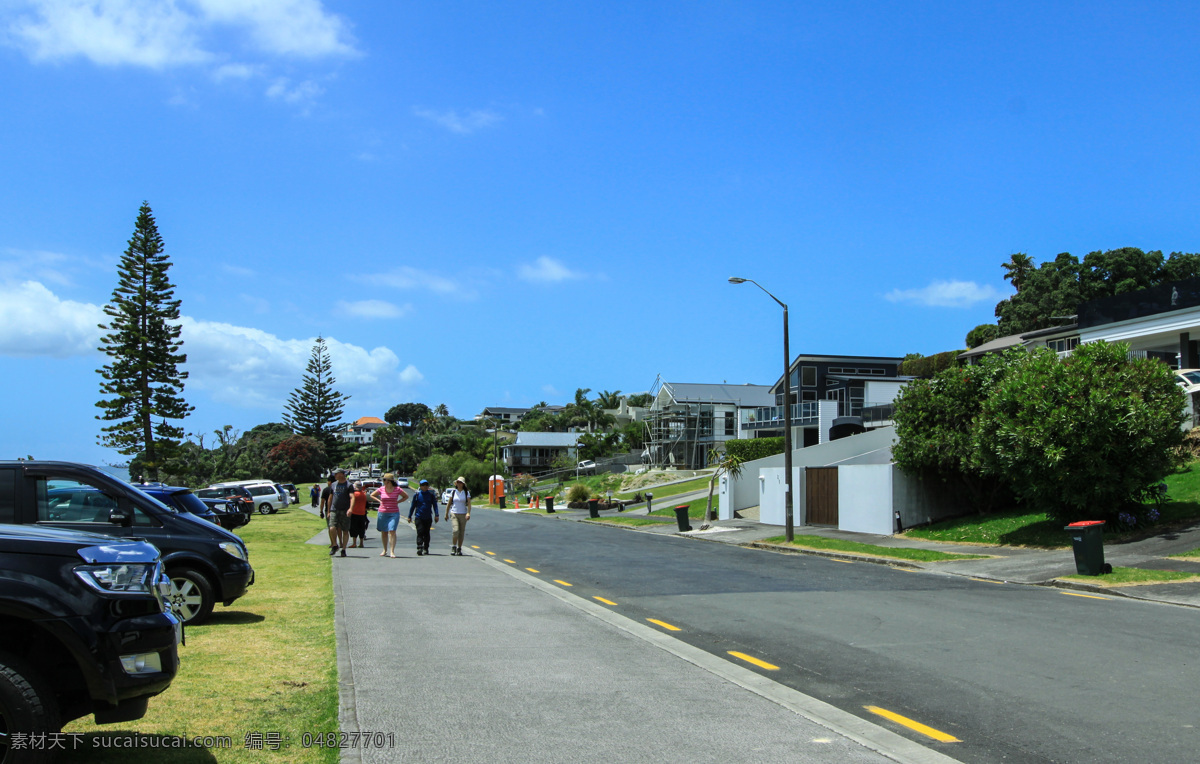 新西兰 海滨 风景 天空 蓝天 白云 建筑群 海滨别墅 道路 绿树 绿地 草地 车辆 游人 风光 旅游摄影 国外旅游