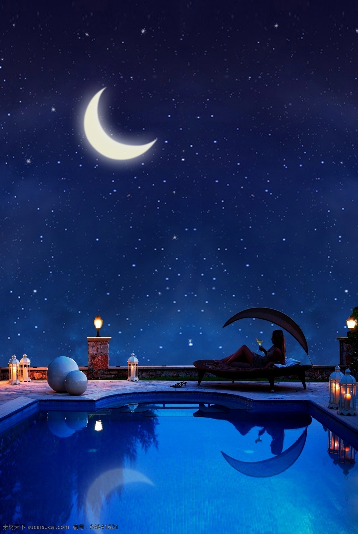 蓝色 手绘 仲夏 夜游 泳池 梦幻 夜色 背景 仲夏之夜 游泳池 夜色背景 夜空 月亮 唯美