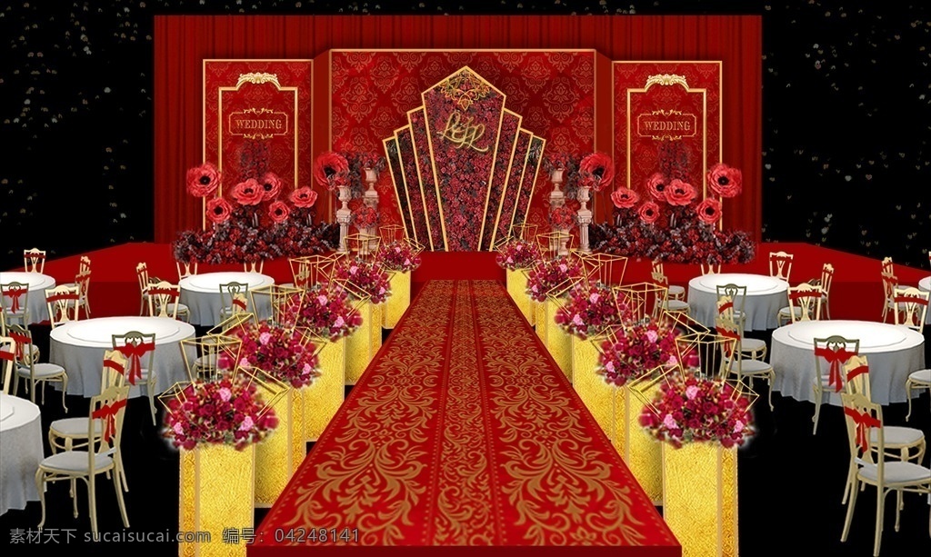 紅金色 婚禮 效果圖 廳內(nèi) 復(fù)古 紅金色系 分層