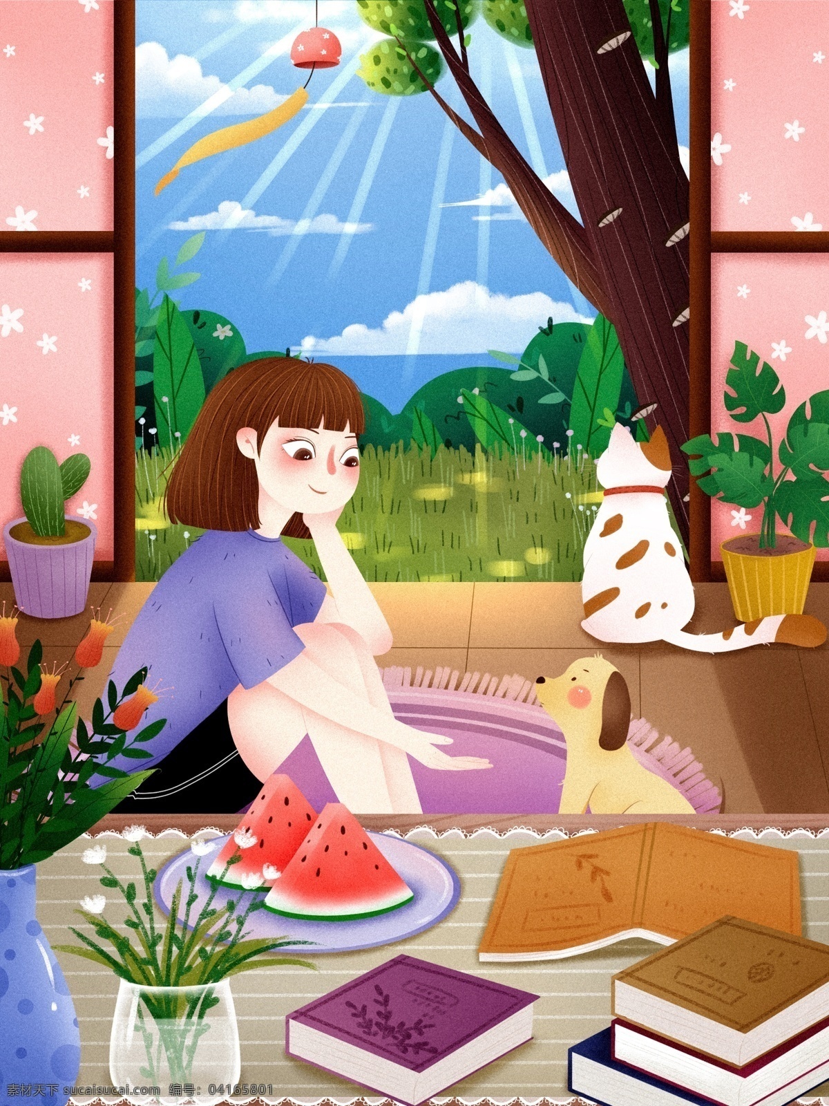簡約 卡通 插畫 手繪 夏天 女孩 休閑 時光 背景 西瓜 貓兒 休閑時光 陽光