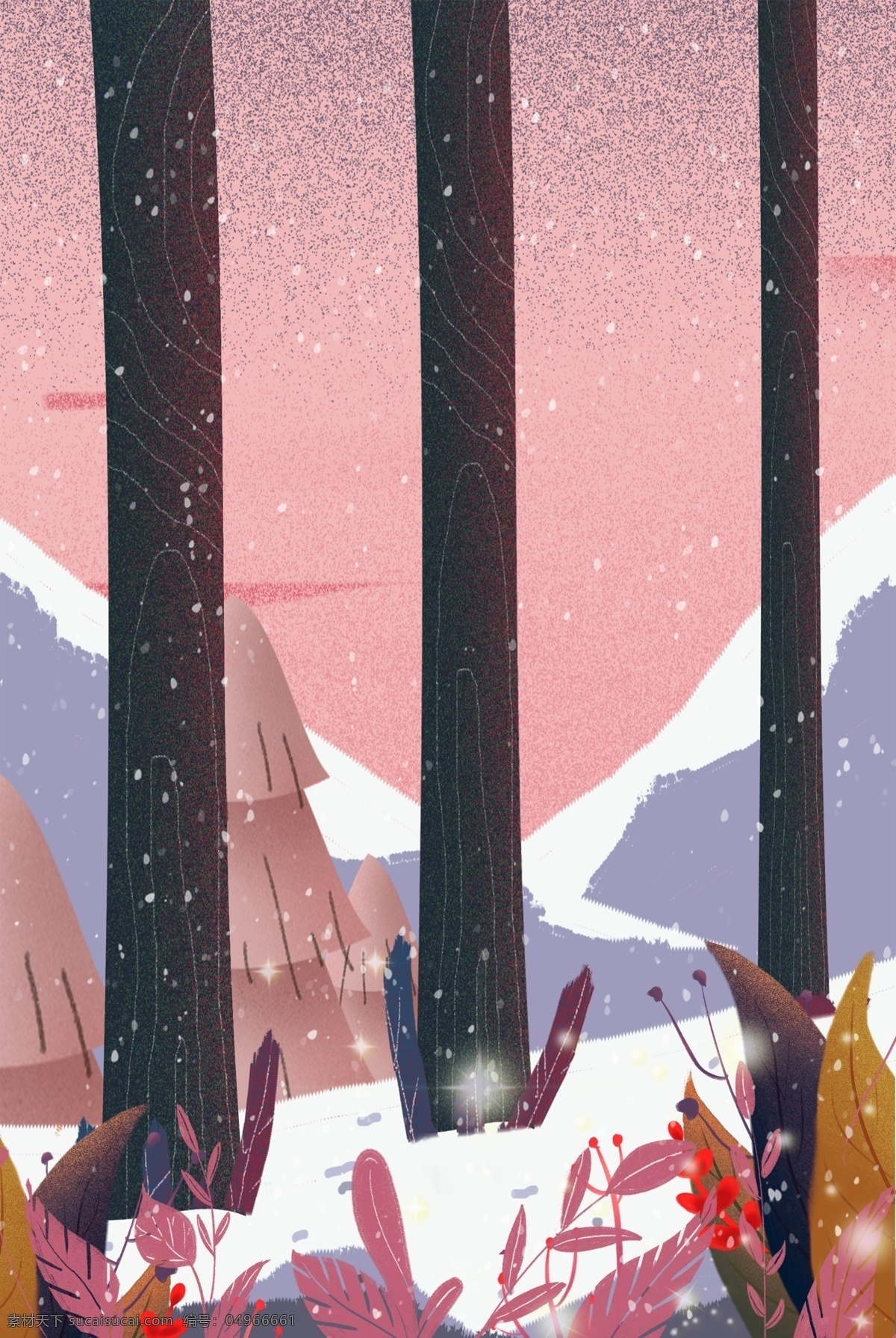 冬天 森林 雪景 电商 淘宝 背景 小清新 卡通 手绘 插画 自然风景 粉色 雪花 上新 风景 淘宝背景