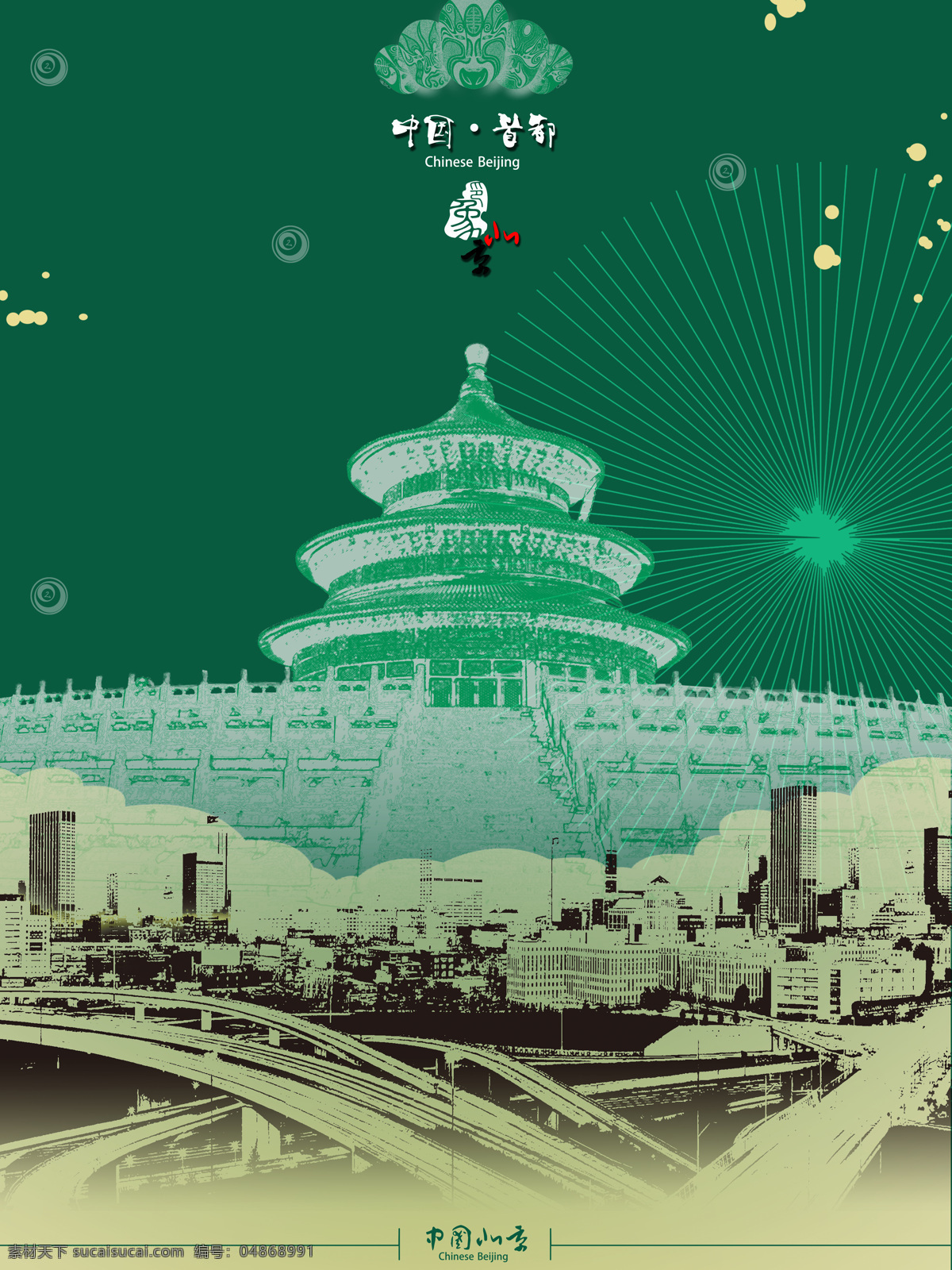 北京海报 风景的对比 现代化的体现 脸谱作为装饰 绿色