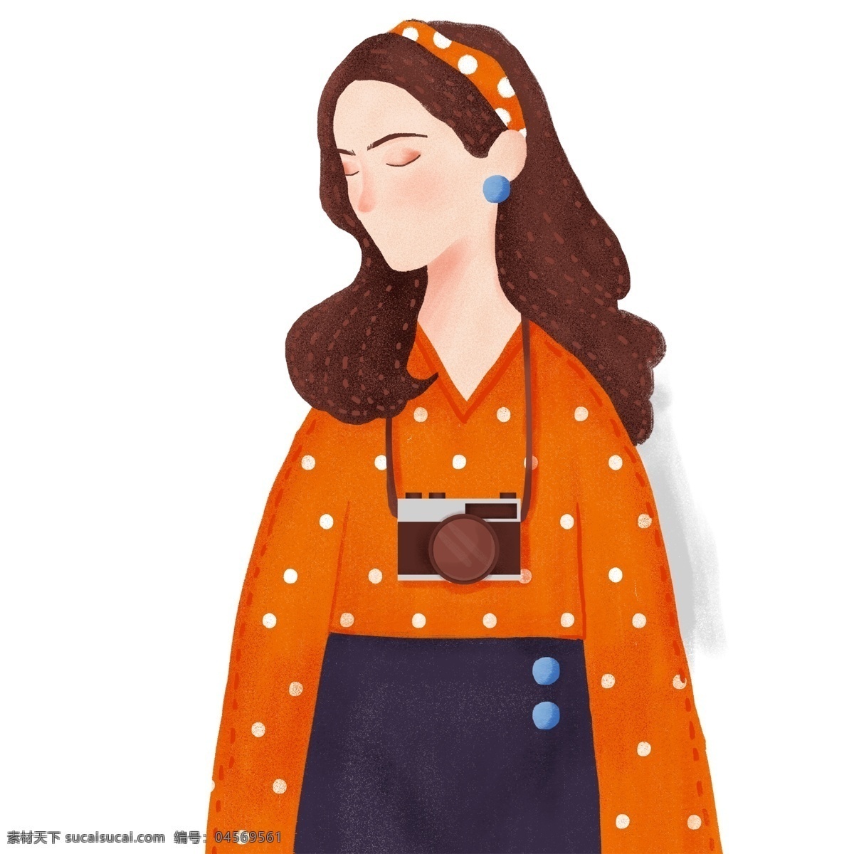 可愛 摩登 女孩 帶 照相機(jī) 原創(chuàng) 元素 懷舊 設(shè)計元素 相機(jī) 背帶褲 襯衣 橘黃色 原創(chuàng)元素