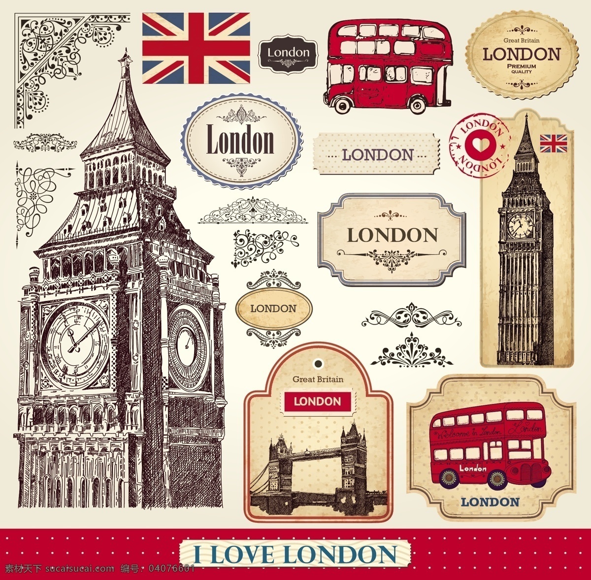 插画 大本钟 大桥 风景 复古 建筑 伦敦 手绘 英国