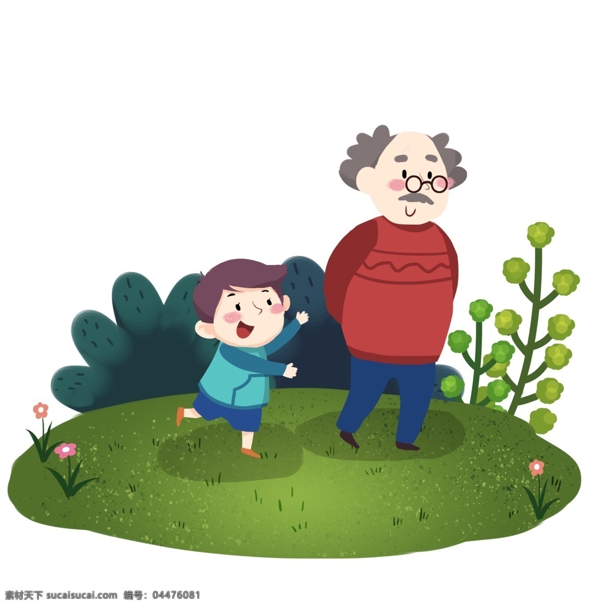 清明節(jié) 爺 孫 倆 踏青 出游 插畫 爺爺 孫子 小朋友 小孩 跟著爺爺 旅游 野外 草地 小草小花 掃墓 祭祀 綠色