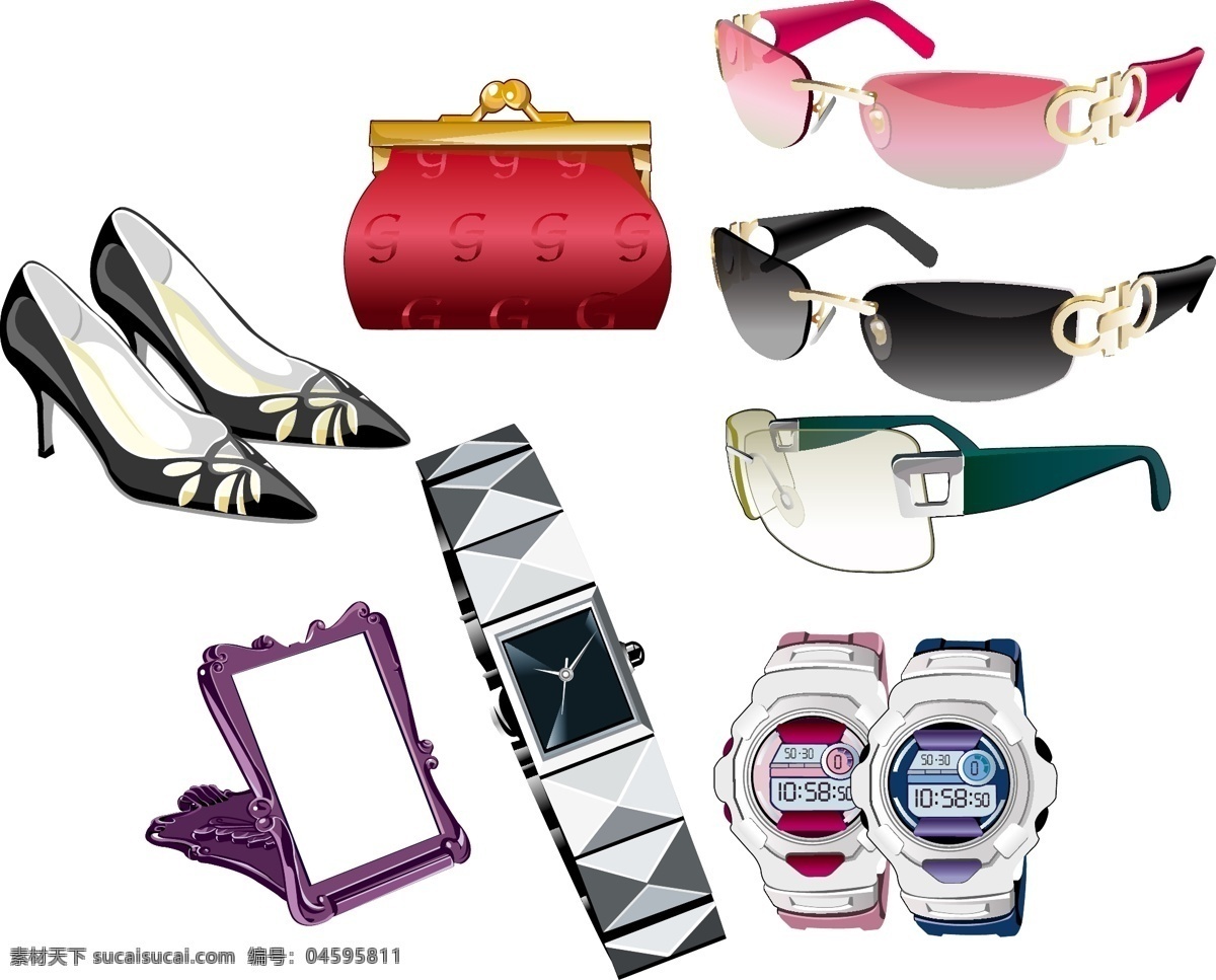 女性生活 物品 系列 矢量 高跟鞋 镜子 钱包 矢量素材 手表 太阳镜 眼镜 矢量图 日常生活