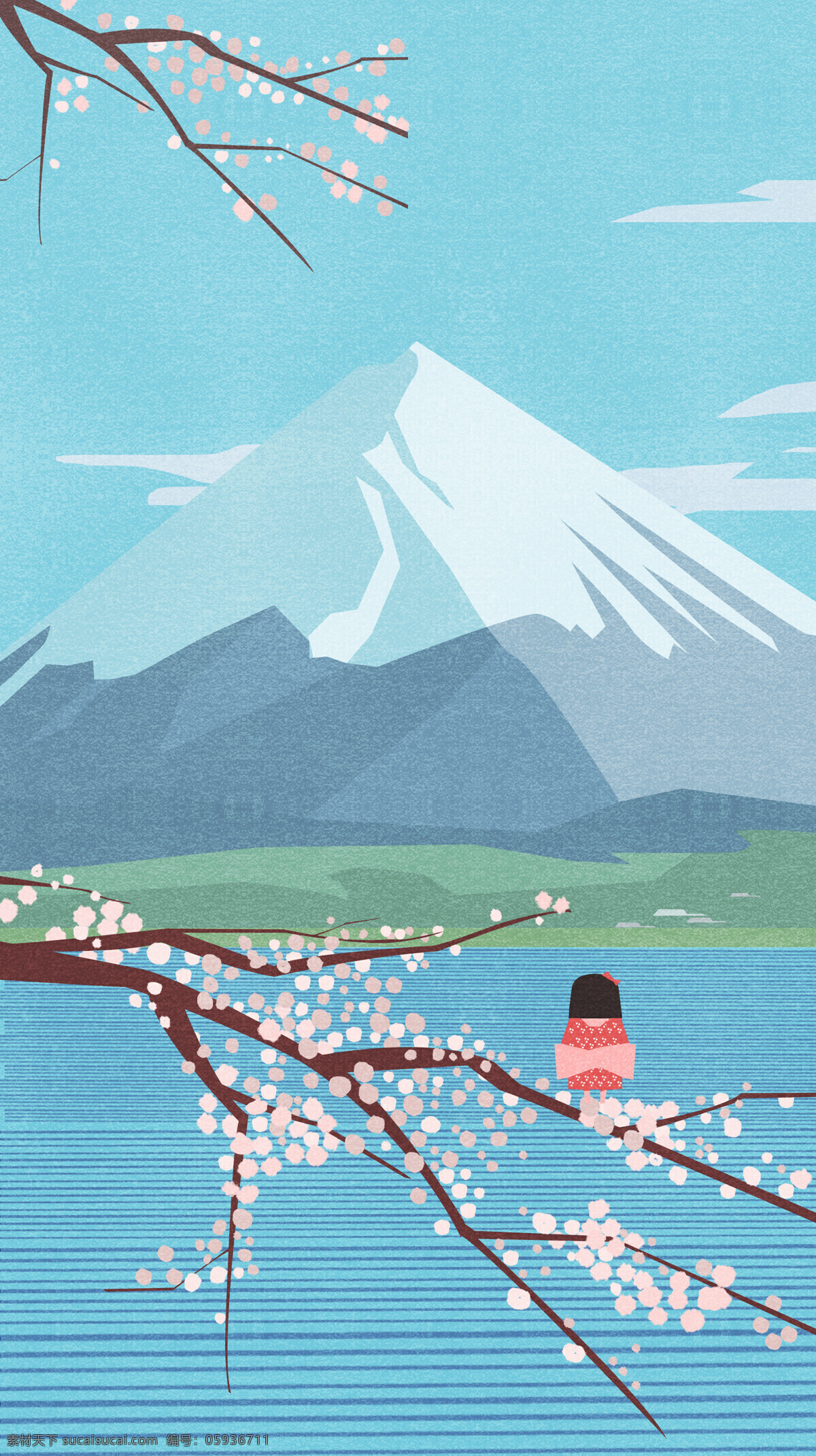 富士 山下 女孩 插画 樱花 文艺 富士山 日本 插画素材 文化艺术 绘画书法