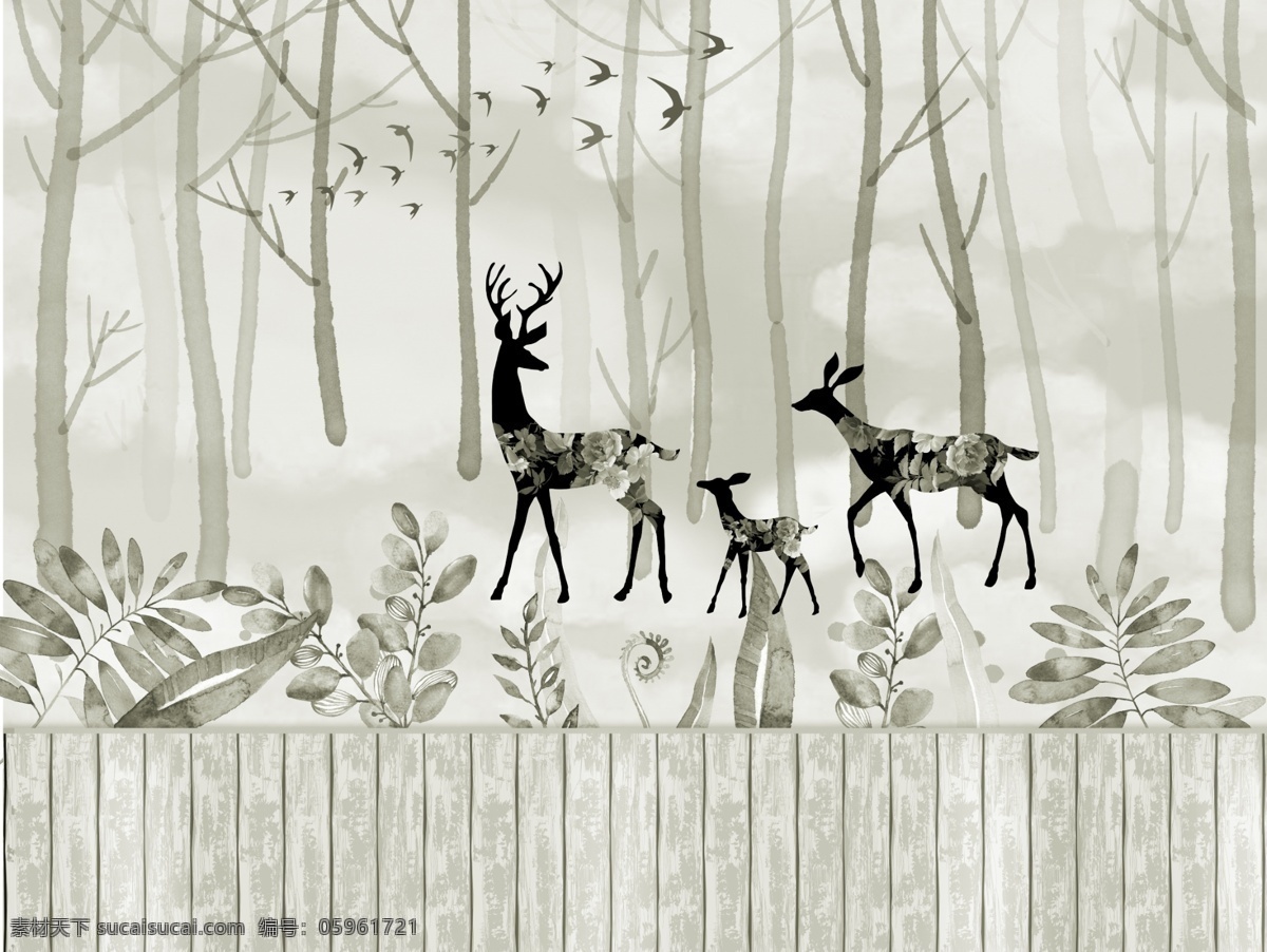 北欧 抽象 树林 麋鹿 背景 墙 背景墙