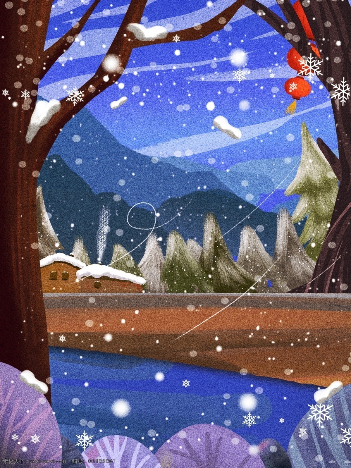 彩绘 冬季 下雪 树林 美景 背景 雪花 森林 背景图 创意 广告背景 背景设计 手绘背景 背景展板图